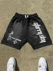 Vintage Washed Black Starry Sky Letter Print Drawstring Frayed Hem Shorts Streetwear Y2K Retro Hip Hop Casual Fashionable High Street Sweat Shorts With Star Graphic Vibe