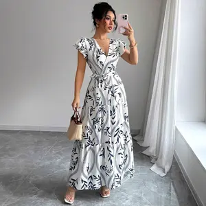Floral Botanical Print V-Neck Wrap Maxi Dress for Women - Ruffle Sleeve Adjustable Tie Waist Boho Sundress | Beach Vacation, Brunch, Resort Wear, Date Night & Summer Casual