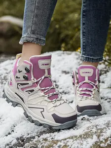 Women's High-Top Fleece Outdoor Hking Boots, Anti-Slip Wear-Resistant Sole, Warm Lining, Patchwork Design, Winter Camping Shoes