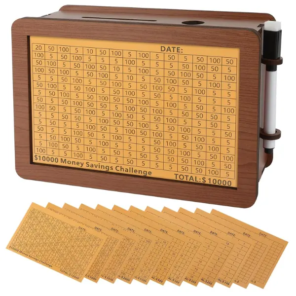 Wooden Money Saving Box, Piggy Bank for Kids & Adults - Reusable $10,000 Savings Challenge Box with Progress Tracker & Cash Vault, Educational Savings Gift for Boys Girls Ages 3-12 (12 Amounts)