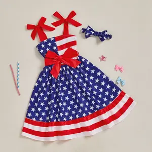 Toddler Girls Patriotic Outfits Tie up Straps Star Striped Print Sleeveless Dress and Headband for Two Piece Clothes