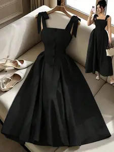 New Strappy Textured Dual-Tone Woven Fitted Young Elegant Commuter Versatile Women Long Dress