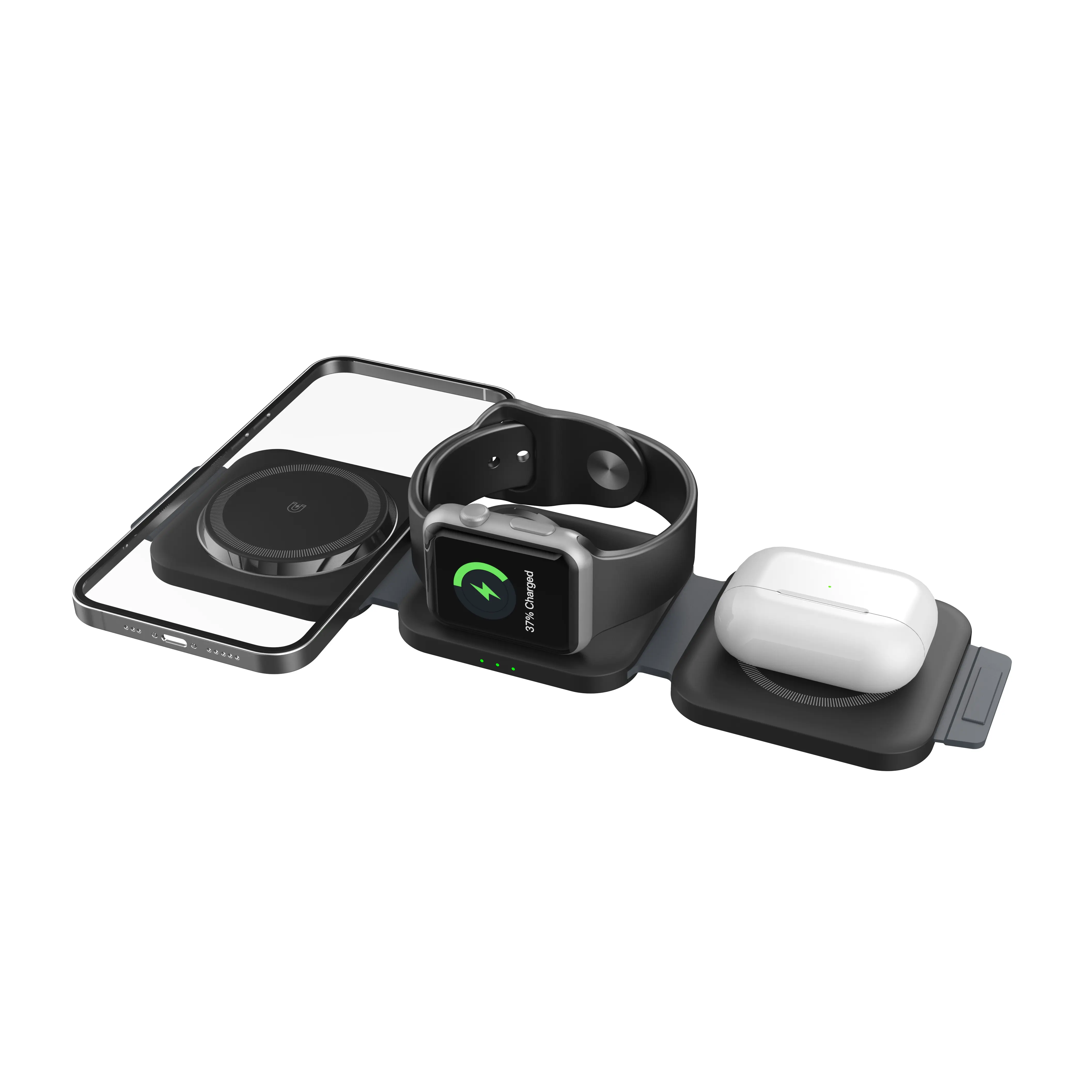 Newest ABS PU Double 15W Mini Portable Desktop 3 in 1 Foldable Qi Fast Folding Wireless Charger For Mobile Phone Airpods Charging Magnetic Charging Magnetic