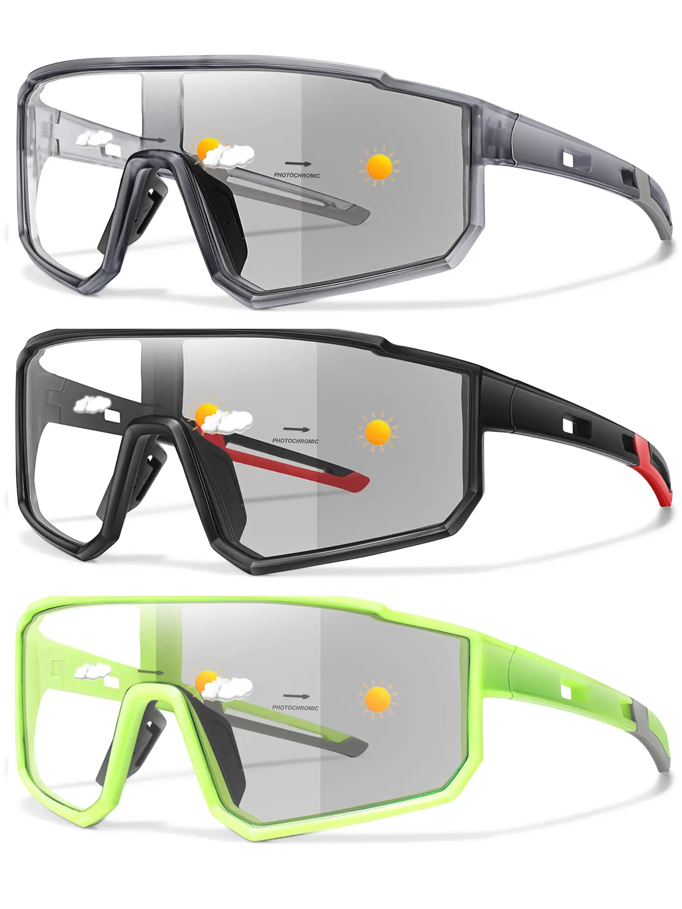 3 Piece Set Photochromic Sports Outdoor Sunglasses, Unisex Outdoor Activities, Cycling, Running, Hiking, Golf, Travel, Driving, Fishing