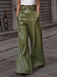 women's solid color pocket high waist wide leg pu leather pants, breathable fashion casual trousers for outdoor daily wear, ladies bottoms womenswear for all seasons