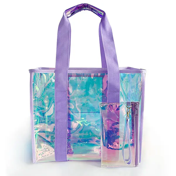 Colorful PVC Iridescent Beach Pool Bag - 2-Piece Collapsible Waterproof Transparent Jelly Tote with Zipper, Handle, Large Storage for Summer Swimming, Shopping