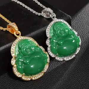 Classic natural green stone Buddha pendant necklace with Zirconia, gift for men and women