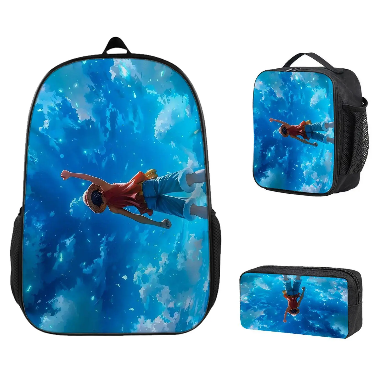3-Piece Lightweight Casual Backpack Set - Insulated Lunch Bag, Pencil Case with Zipper Closure, Anime Boy Floating, Blue Sky Clouds, Red Vest Straw Hat Dreamy Print, Anime Gifts for Children, High-Quality Casual Set
