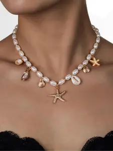 Boho Style Faux Pearl Decorated Starfish & Shell Design Necklace, Fashion Jewelry for Party, Daily Clothing Decor, Trendy All-match & Exquisite Jewelry for Birthday Gift, Dainty layering jewelry