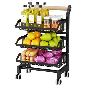 Foldable Carbon Steel 3-Tier Storage Trolley on Wheels, 3-Tier Metal Kitchen Storage Rack, Tiered Fruit Bowl, Freestanding Organizer with Wheels for Home, Living Room, Balcony, Kitchen