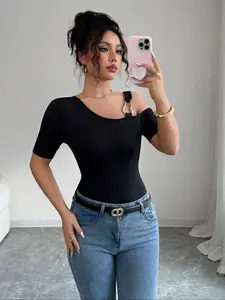 Fashion Plain Asymmetrical Neckline Slim Fit T-Shirt Top, Stylish Casual Wear, Comfortable and Trendy, Perfect for Daily Use, Womenswear Solid Fitted Everyday