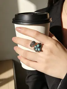Vintage Turquoise Butterfly Ring, Adjustable Open Design, Fashionable Retro Jewelry, Unique Statement Accessory for Women