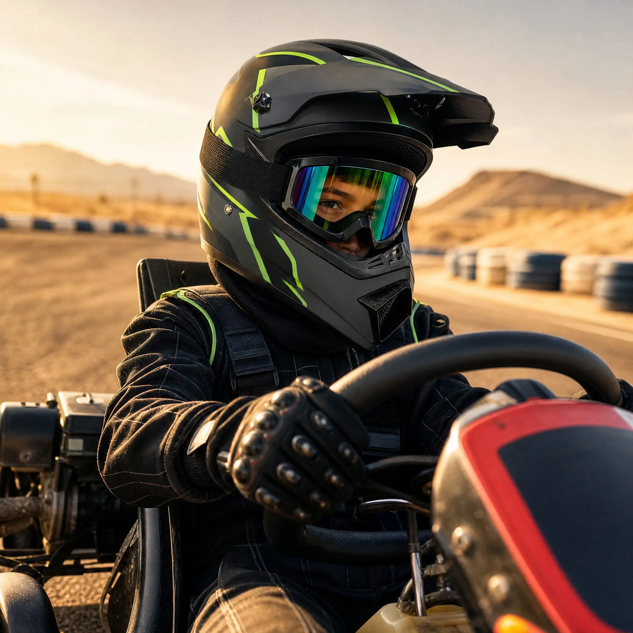 Off Road Helmet; S-XL Fit Options for 52-59 cm Head Circumference; for Kids 6+ Youth Teens and Adults; E-Bike Electric Scooter Moped Commuting; DOT Compliant; 4-Piece Set with Helmet Goggles Gloves and Face Mask; UV Goggles and Year-Round Riding