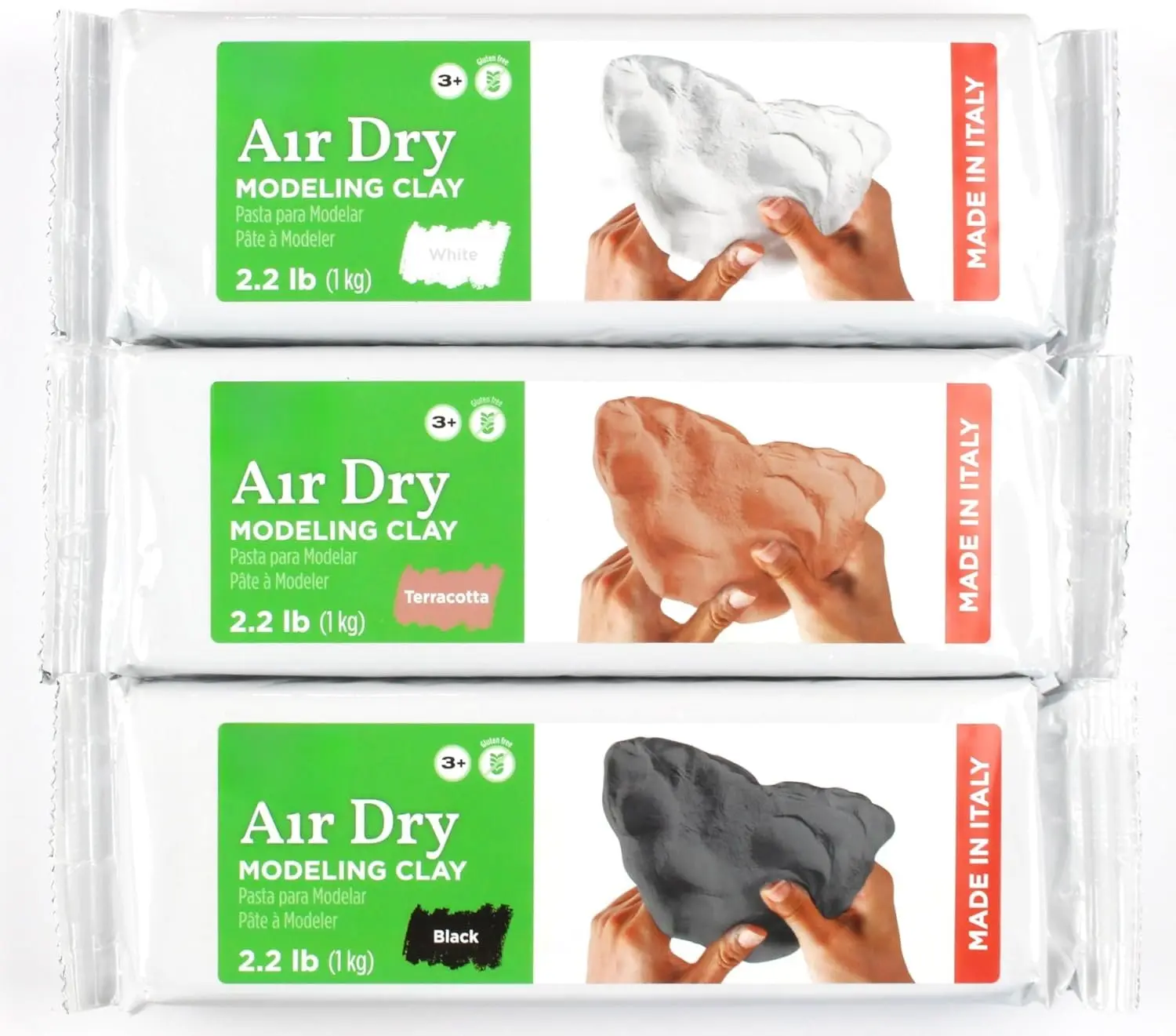 European Air Dry Modeling Clay Multicolor 3 Pack 2.2 lb Bars, 6.6 lbs Total, Includes White, Terracotta & Black Clay for Classroom, Montessori Sculpting & Crafts Projects