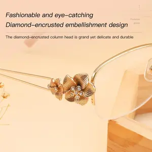 1 Pair New Photochromic Progressive Multifocal Reading Glasses, High-end Metal Semi-rim, Exquisite 3D Carving, Inlaid with Multiorful Stones, Multi-purpose, Trendy Fashion Women's Glasses Half Frame Eyeglass High Quality Eyewear