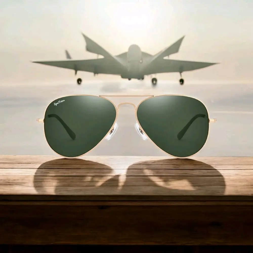 SpecTrims Pilot Unisex Aviator Sunglasses with 100% UV Protection - Gold Metal Frame, Dark Green Polycarbonate Lens