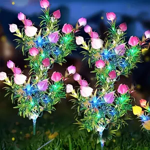 Solar Powered 10-Head Colorful Jasmine Garden Stake Lights, Valentine's Day Decorations, Outdoor Pathway Lighting, Party & Festival Decoration, Outdoor Decorative Lights