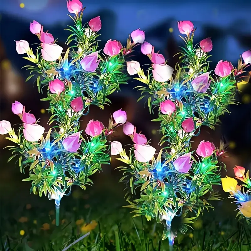 Solar Powered 10-Head Colorful Jasmine Garden Stake Lights, Solar Illuminated, Solar Led Lights, Valentine's Day Decorations, Outdoor Pathway Lighting, Party & Festival Decoration, Outdoor Decorative Lights, Yard Lighting, Outdoor Solar Lights For Patio