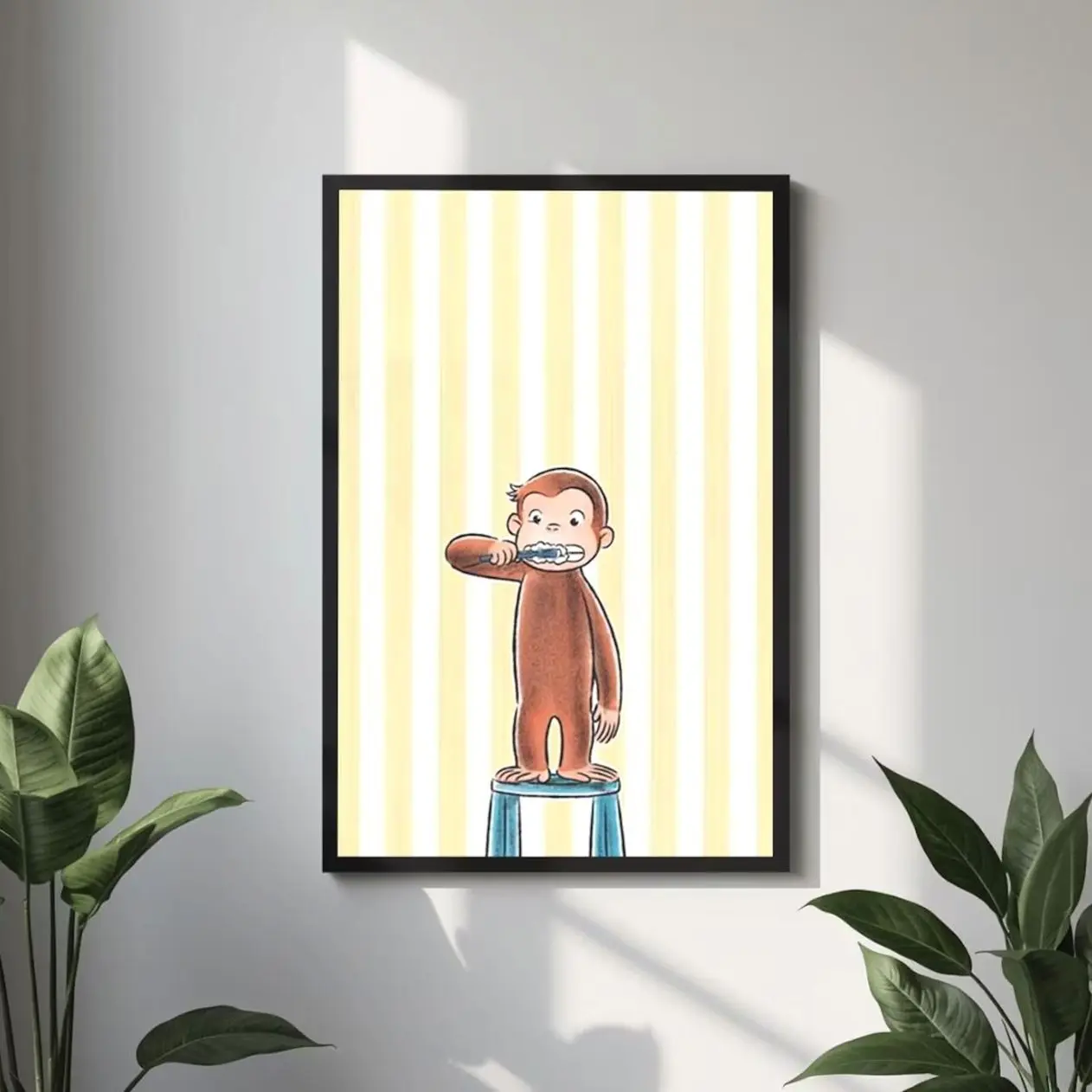 Cute Monkey Bathroom Wall Art, Kids Nursery Poster, Yellow Striped Animal Decor, Playful Bedroom Artwork | Frameless Poster Q