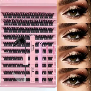 110pcs D Curl Cluster Eyelash Kit, Wide Band Fluffy Eyelashes with Glue, Tweezer & 2 Lash Brushes, Reusable DIY Extensions for Beginners, DIY Lash Clusters