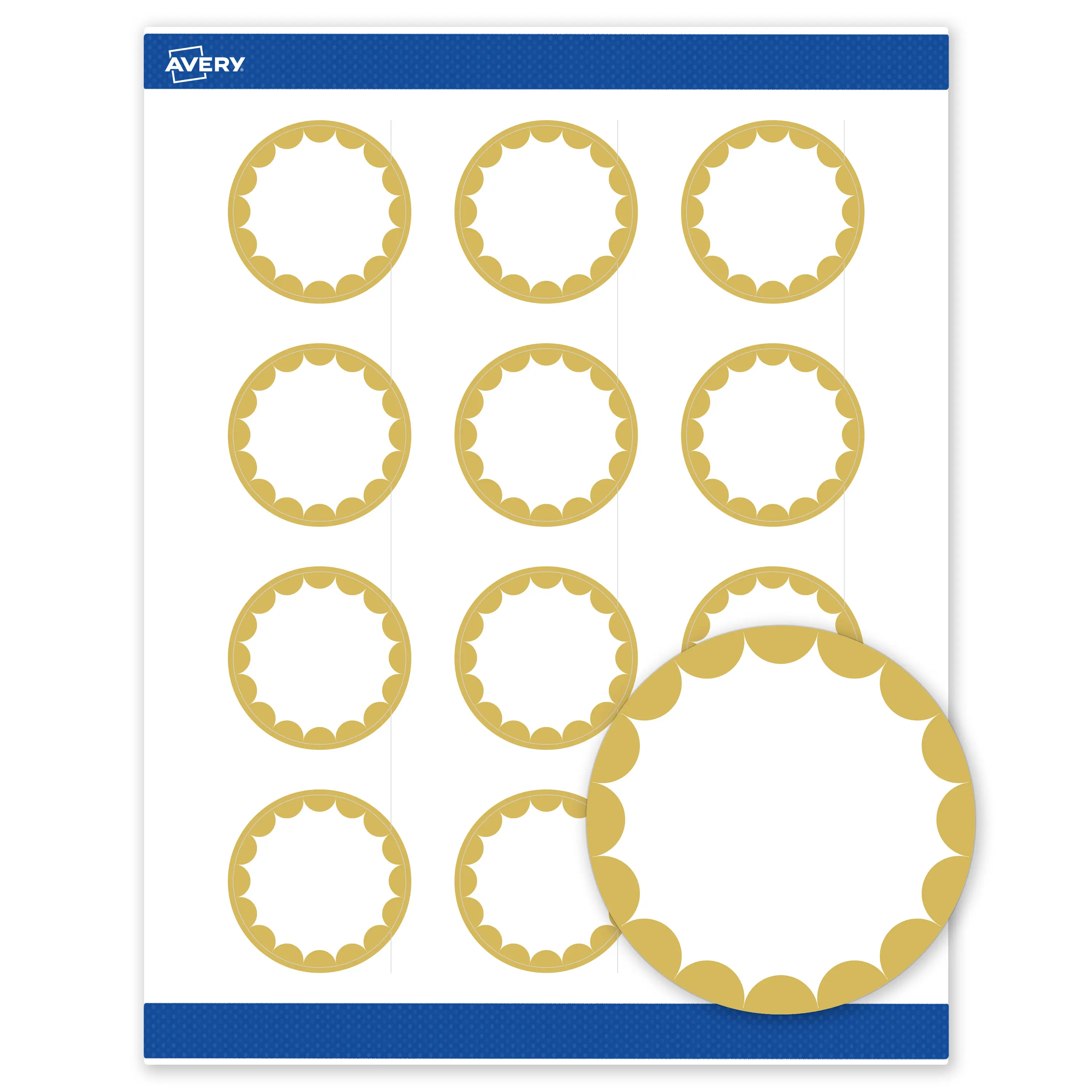 Avery Printable Round Labels with Sure Feed Technology, Gold Dots Edge Design, 2" Diameter, Matte White Permanent Labels, Laser/Inkjet, 120 Total, Great for Product Labels