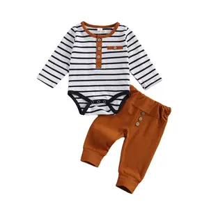 Children's Set Casual Comfortable Versatile Striped Long Sleeve Top & Brown Pants for Spring Autumn Daily Wear