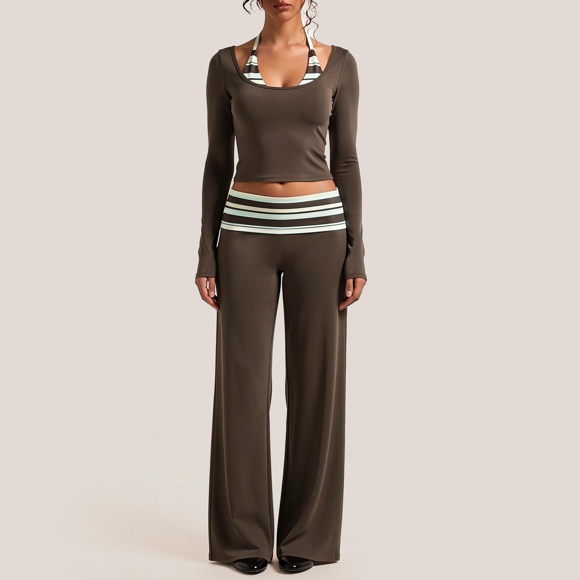 GIAFIRE Women’s Autumn 2-Piece Yoga Sportswear Set - U-neck Paneled Halter Long-Sleeve Top, High-Waisted Wide-Leg Slight Flare Pants, Highly Elastic Soft Breathable Quick-Drying Activewear for Pilates, Outdoor Sport