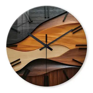 Artistic Multi-Size Round Tempered Glass Wall Clock, Nordic Faux Wood Design, 4mm Thickened Glass, Silent Non-Ticking Movement