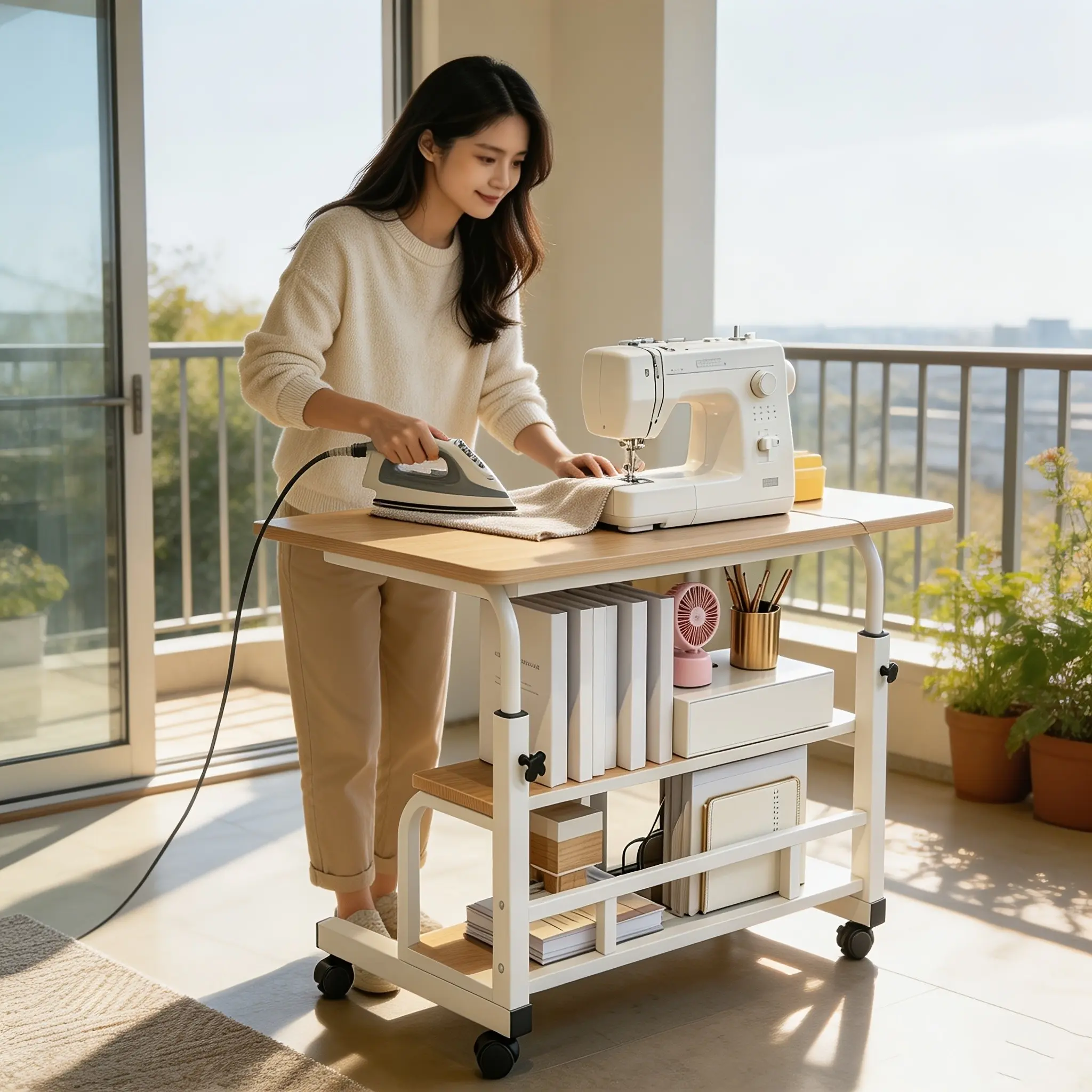 Mobile Compact Computer Desk Cart with Wheeled Base & Height Adjustable Standing Table - Portable Folding Workstation Suitable for Bedside, Sofa Side, Craft Room, Home Office Desk with Storage Drawers & Printer Shelf, Space-Saving Writing Table