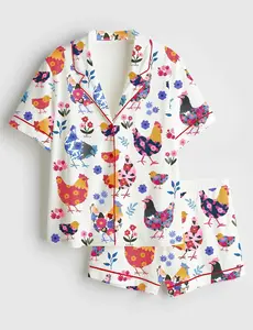 Women’s Floral Chicken Lover Print Long& Short Sleeve Silk Satin Pajama Set Soft Sleepwear