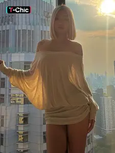 Women's Solid Off-The-Shoulder Long Sleeve Dress, Fashion Casual Sheer Dress for Party Club Dating Wear, Women's Dress for Spring & Fall