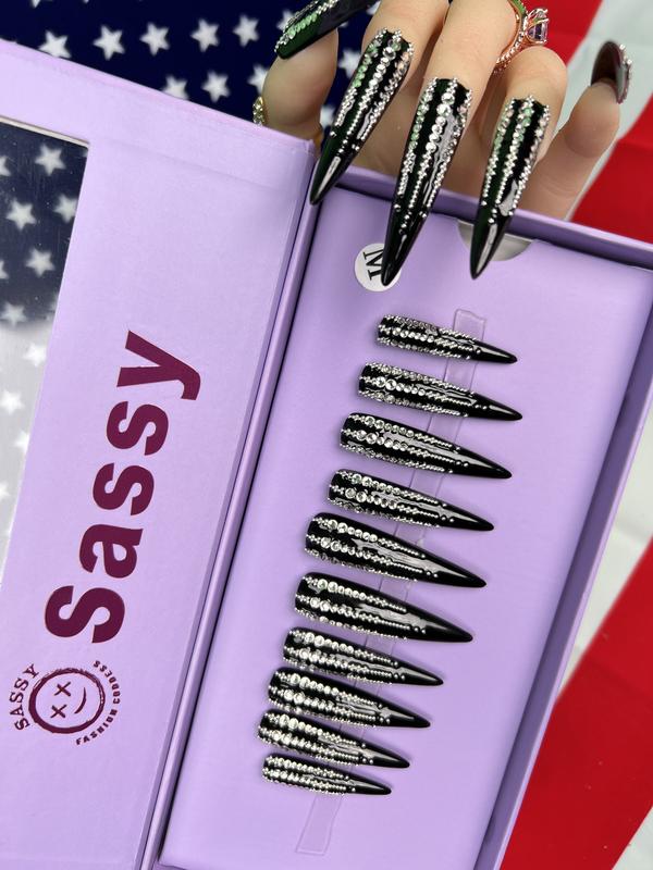 SASSY NAILSHOP longsquare 10 PCS (Length:2.2 inches) hand pressed on nails Nightclub nails for girlfriend  gift Acrylic Nail Art Nails New Collection, French New Pink White Glitter Bright Kiss Nails Acrylic Kit, Beauty Secrets Nail