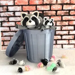 Articulated Mother and Child Racoons with Trashcan, 3D Printed Gray Racoons Trash Panda Stress Relief Racoon Toys