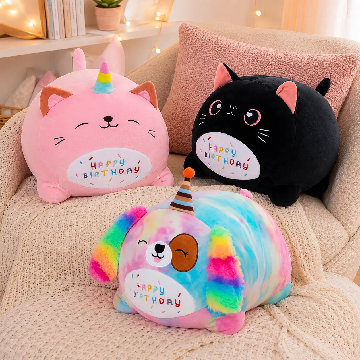 CHUBBYJOY 3PCS 15Inch Happy Birthday Plush Stuffed Animal Pillow, Soft Stuffed Kawaii Stuffed Animal, Chubby Animal Plush Toy with Cute Embroidery, Lovely Plush Gift, Cute Girly Gifts, Huggable Pillow for Kids Room Party Decor Gift, Summer Vibe Item