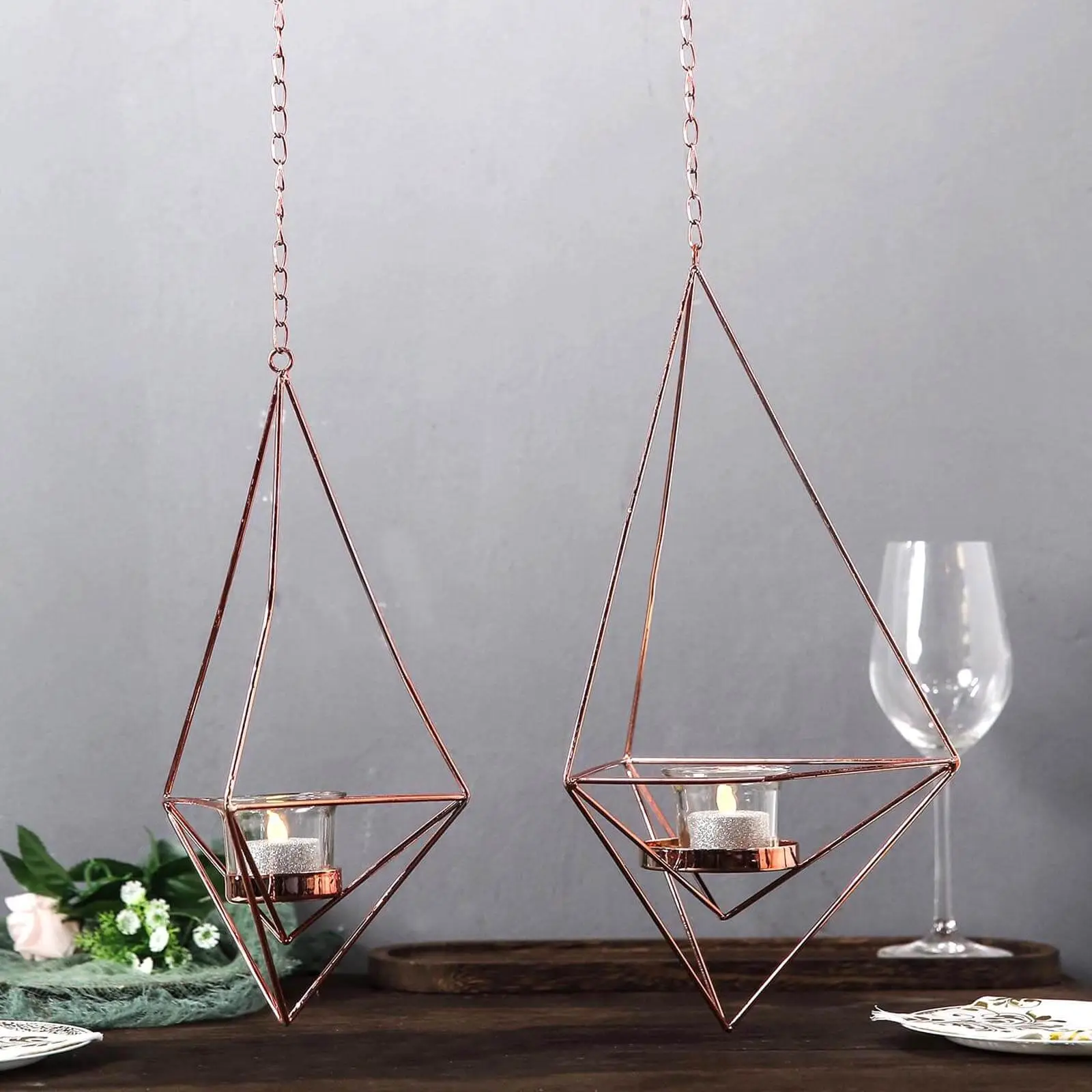 Set of 2 Rose Gold Metal Hanging Tealight Candle Holders 12", 15" Diamond Open Frame - Geometric Flower Terrariums, Home Accessories, Room Decor