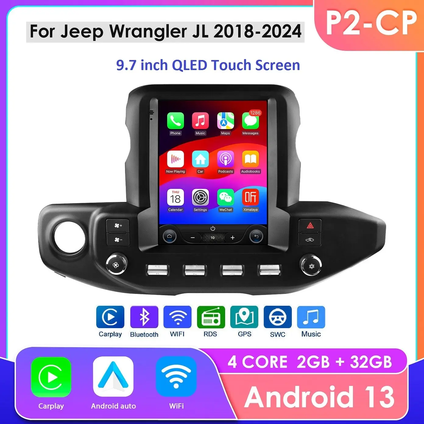 Hizpo Android 13 Touchscreen Car Stereo Head Unit for Jeep Wrangler JL 2018-2023 & Gladiator with Auto AC, GPS, Wireless CarPlay, LCD, 8-Pin Connector, Music Support, SWC Compatibility