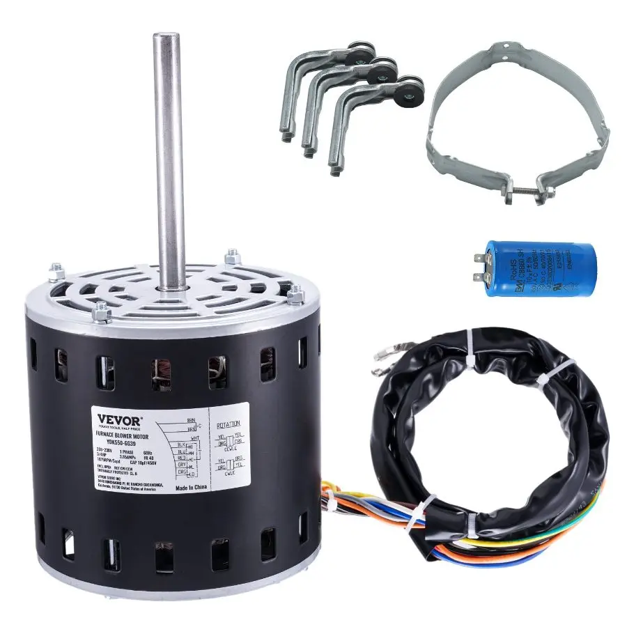 VEVOR 3/4HP Furnace Blower Motor, 208/230V 3.85Amps, 1075RPM 5 Speeds, CW/CCW Rotation, 48 Frame 4.8 Shaft Length, 10F/450V Capacitor+ 11 Hold Hoop