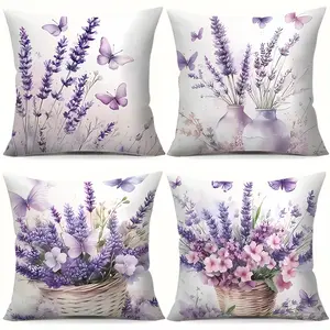 4pcs Light Purple Lavender-themed Pillowcases: Designs include lavender cluster with butterflies, lavender in purple vases, lavender in basket (w/white flowers & butterflies), lavender in basket (w/pink flowers & butterflies) Bedding Accessories