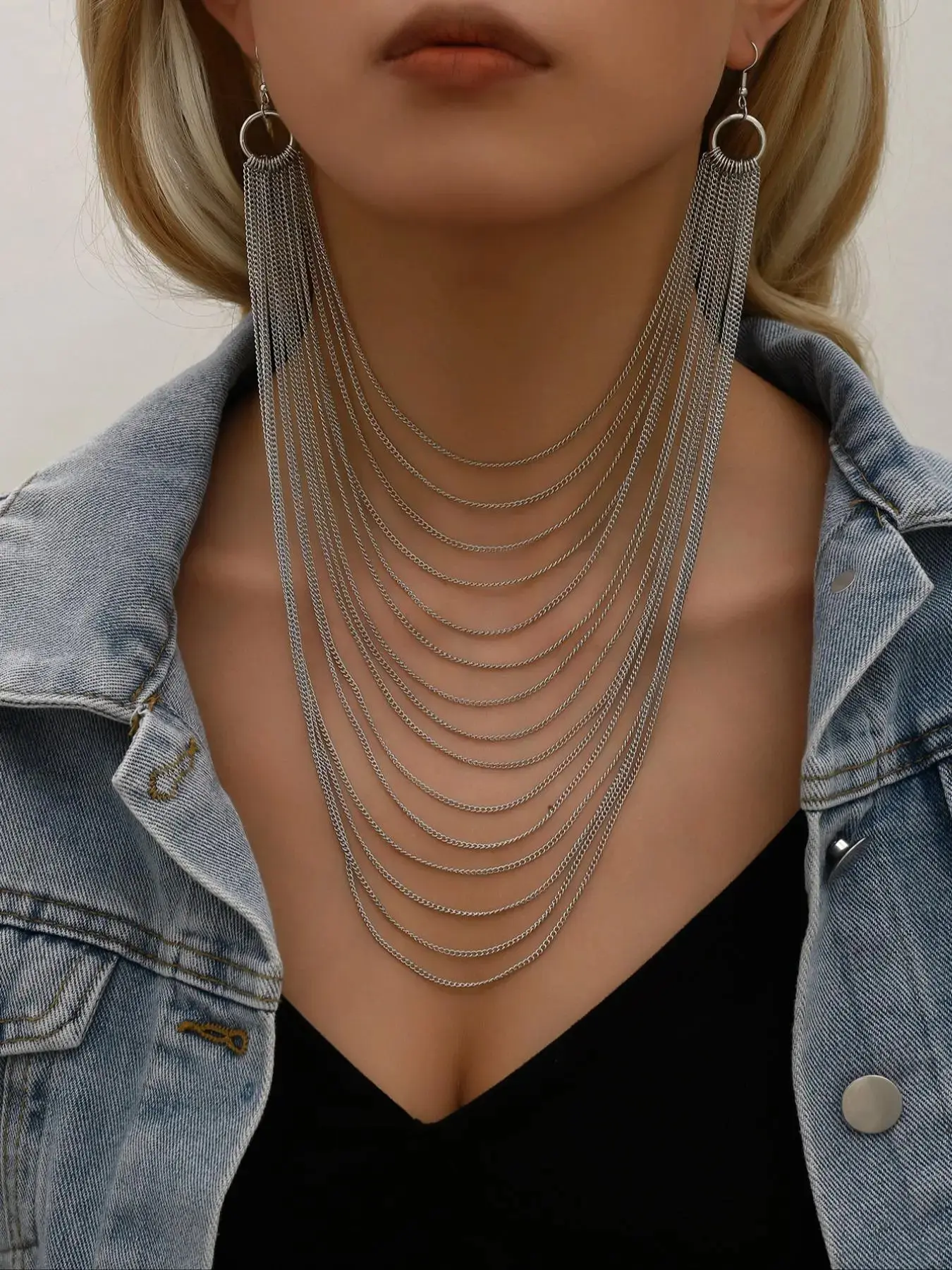 Punk Style Tiered Layer Chain Left and Right Connection Dangle Earrings, Unique Design Earrings, Earring Stacks, Personalized Punk Jewelry for Party, Daily Clothing Decor, Birthday Gift, Jewelry Accessories