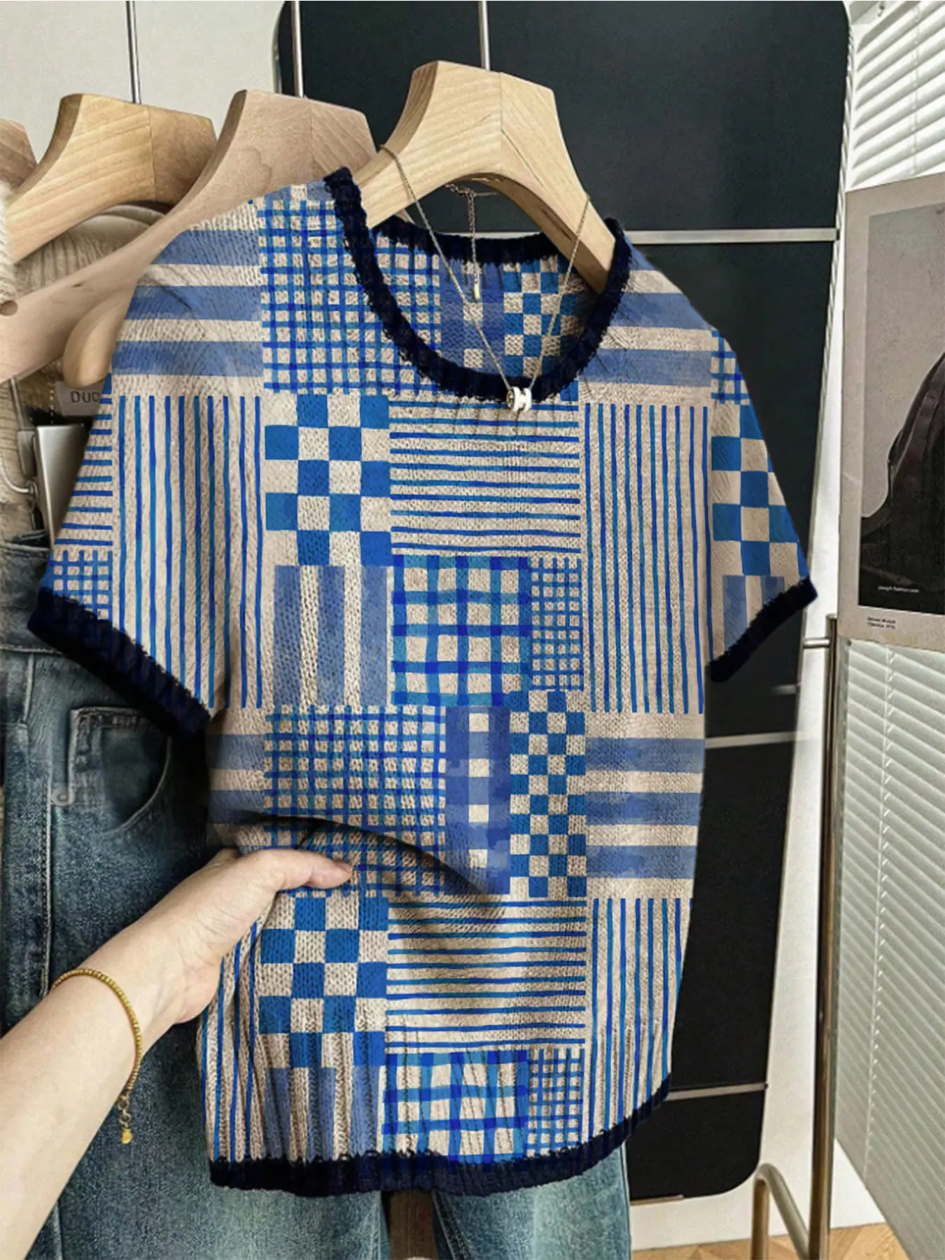 Women's Vintage College Style Patchwork Striped Print Round Neck Sweater, Casual Short Sleeve Knitwear for Spring Summer Fall Winter