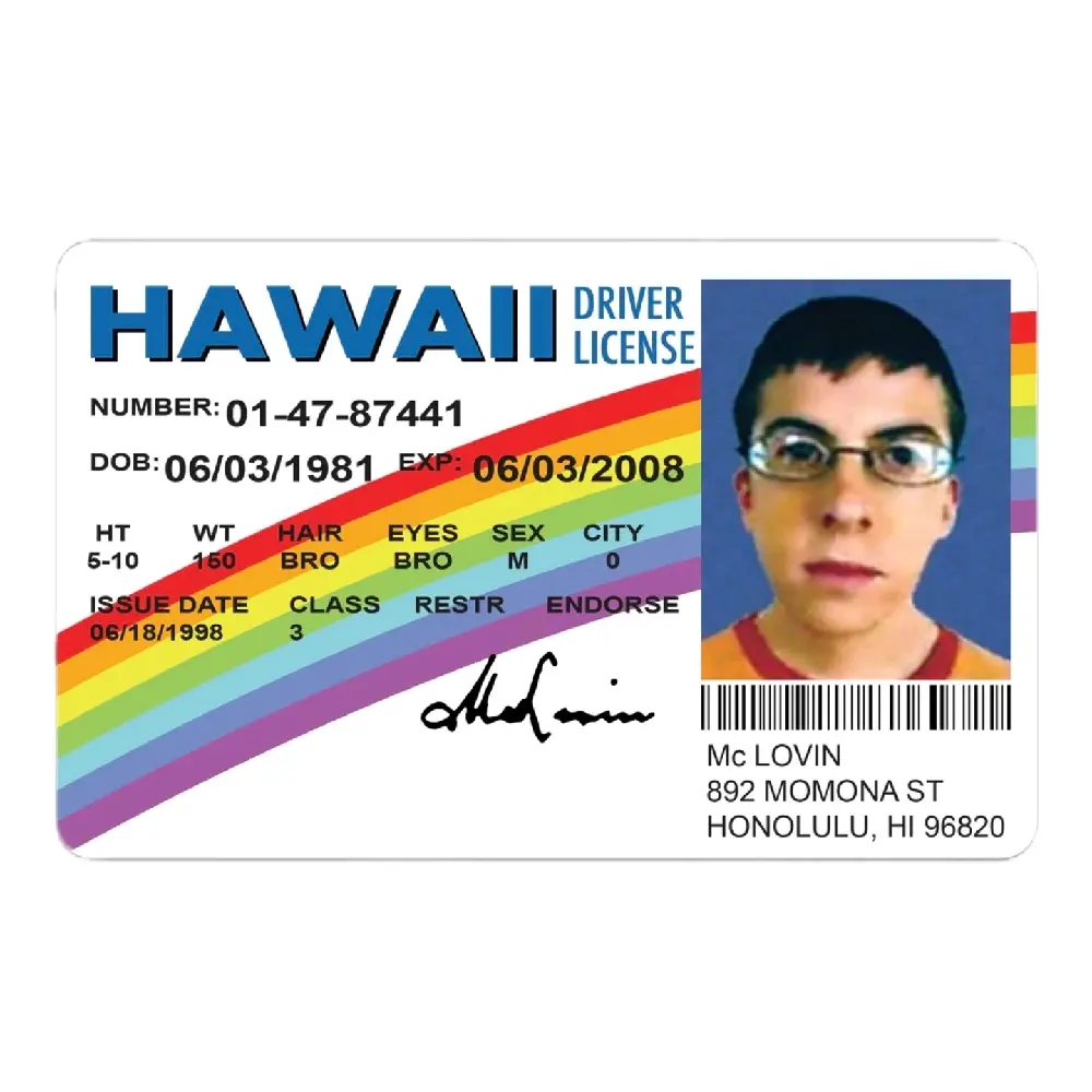 McLOVIN Card Skin - Hawaii Driver License with Serial Number 01-47-87441, Issue Date 06/03/1981, Endorsement Date 06/03/2008