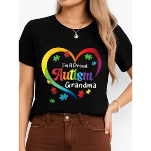 Autism Grandma T-Shirt Black Pride Awareness Gift Personalized Unisex Women's Top Summer Comfortable Breathable Short Sleeve Tee Suitable For All Outfits Made In Usa