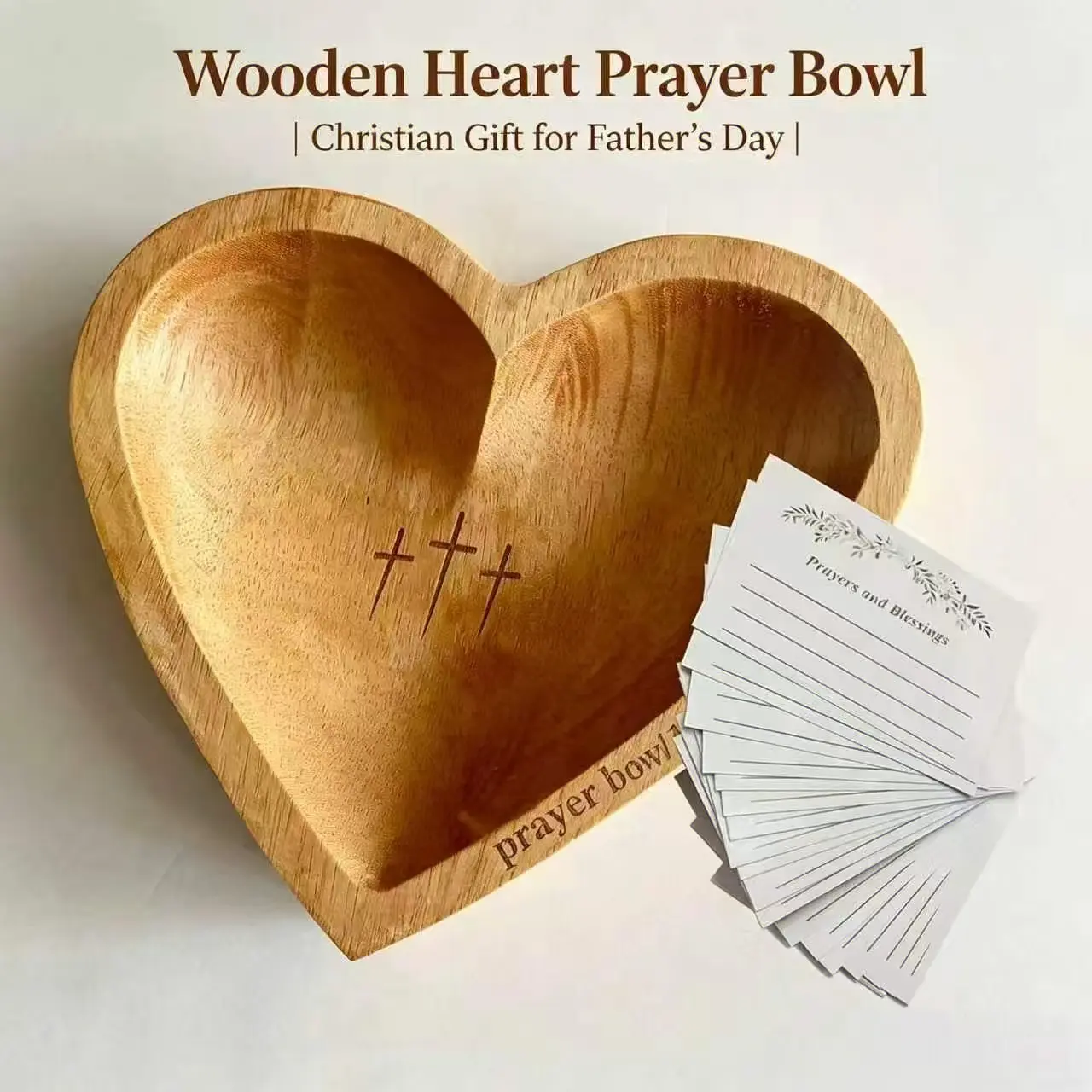 Wooden Heart Shaped Prayer Bowl with 24 Prayer Cards, Handcrafted Vintage Prayer Bowl with Cross & Letter Pattern, Religious Decorations for Home Living Room Bedroom Church, Christian Ornaments, Home Decor, Easter Sunday Gifts, Mother's Day Gifts