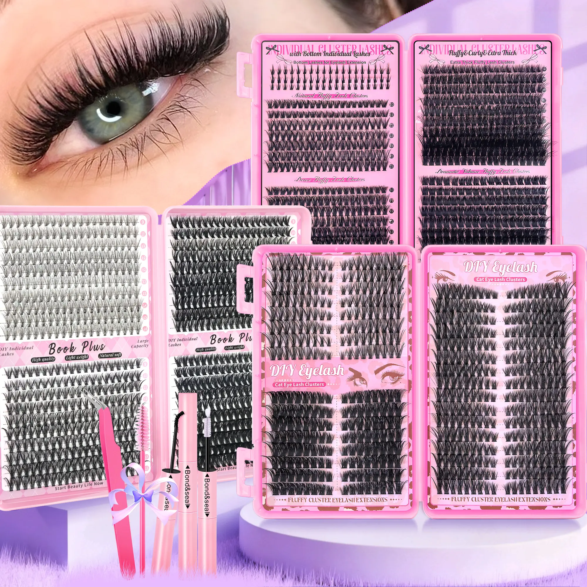 Fluffy Lightweight Wispy Lash Clusters Kit, 800pcs D-Curl Natural Lash Clusters with Bond & Seal, Tweezers, Brush, Thin Band 20D-80D Mixed Styles 9-16mm Individual DIY Salon & Daily False Eyelash Extensions