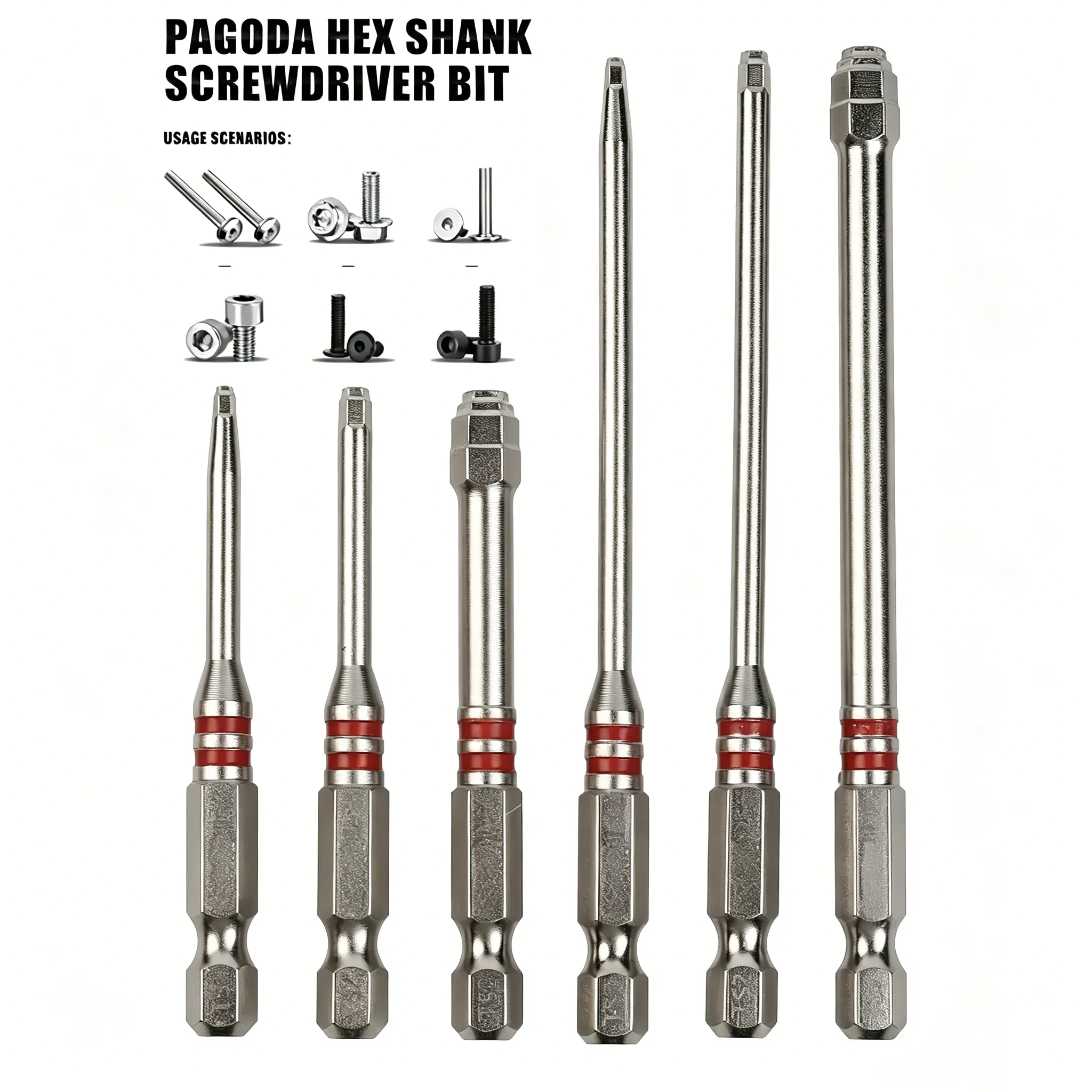 6-Piece Magnetic Hex Shank Screwdriver Bit Set, Power Tool Accessories with Pagoda-Shaped Internal Design, Tightens 1.5mm-6mm Nuts, Compatible with Electric Drills & Wrenches (Includes Magnetic Drill Bit, Hex Shank Screwdriver Accessories)