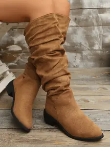 Women's Mid-Calf Boots, Plain Design Slip-On Round Toe Booties, Square Heel Casual Travel Shoes for Daily Wear