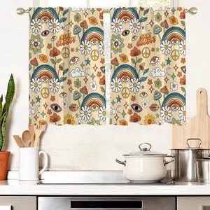 Retro Mushroom Window Curtains for Kitchen Boho Vintage Floral Hippe Boys Girls Rainbow Small Short Home Living Room Bedroom Bathroom Drapes Treatment Tiers Fabric 1 Pair, 27.5" W x 39" L, Colorful