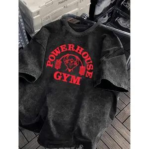 Men'S Heavyweight T-Shirt - 100% Vintage Washed Gym | Loose Fit, Wide Shoulder Sleeves, Gorilla World Gym & Powerhouse Gym Graphic Print