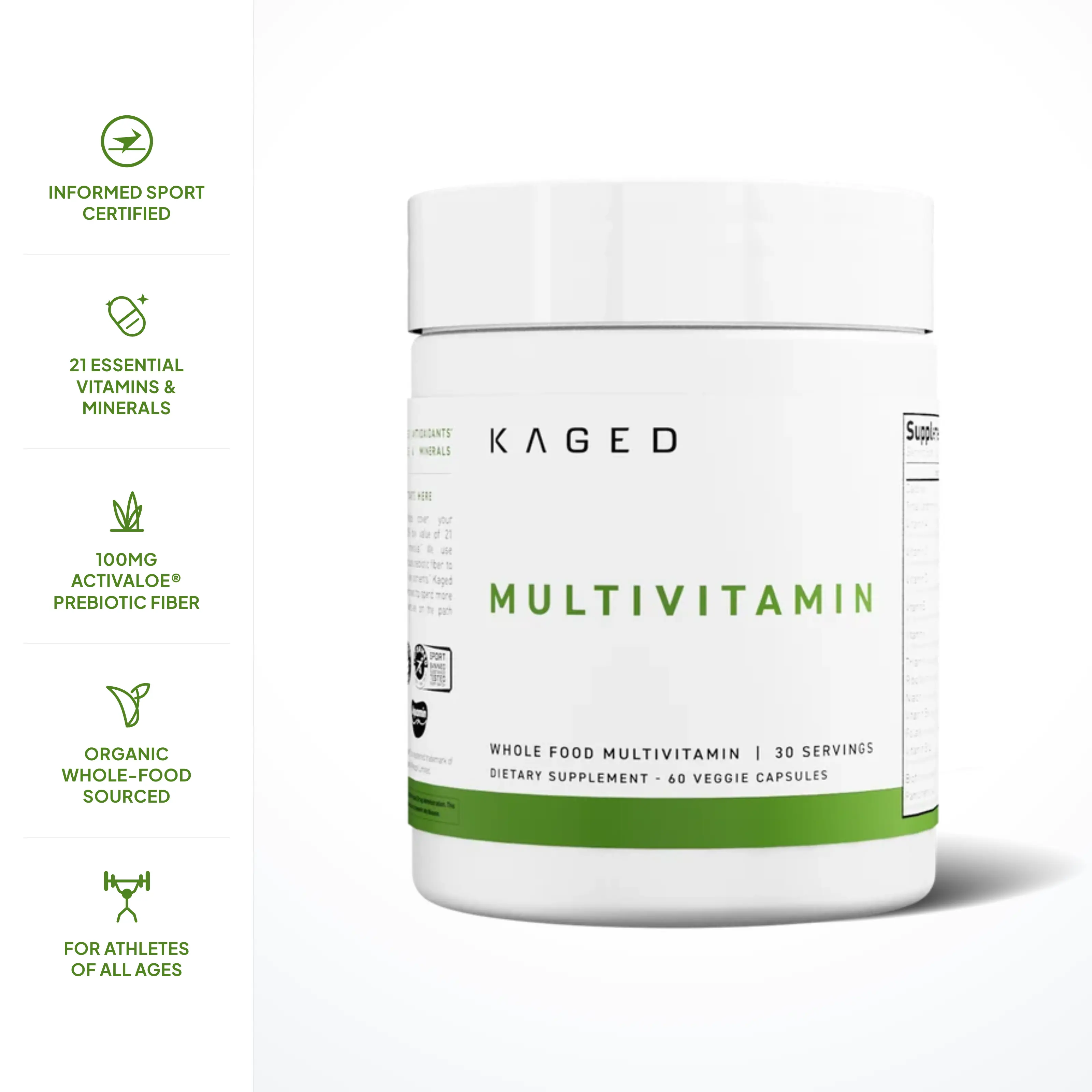 Kaged Whole Food Multivitamin for Men & Women, 60 Veggie Capsules, 30 Servings | 21 Vitamins & Minerals at 100% Daily Value for Energy, Immune & Daily Nutrition Support | Organic Fruits & Veggies, Informed Sport Certified