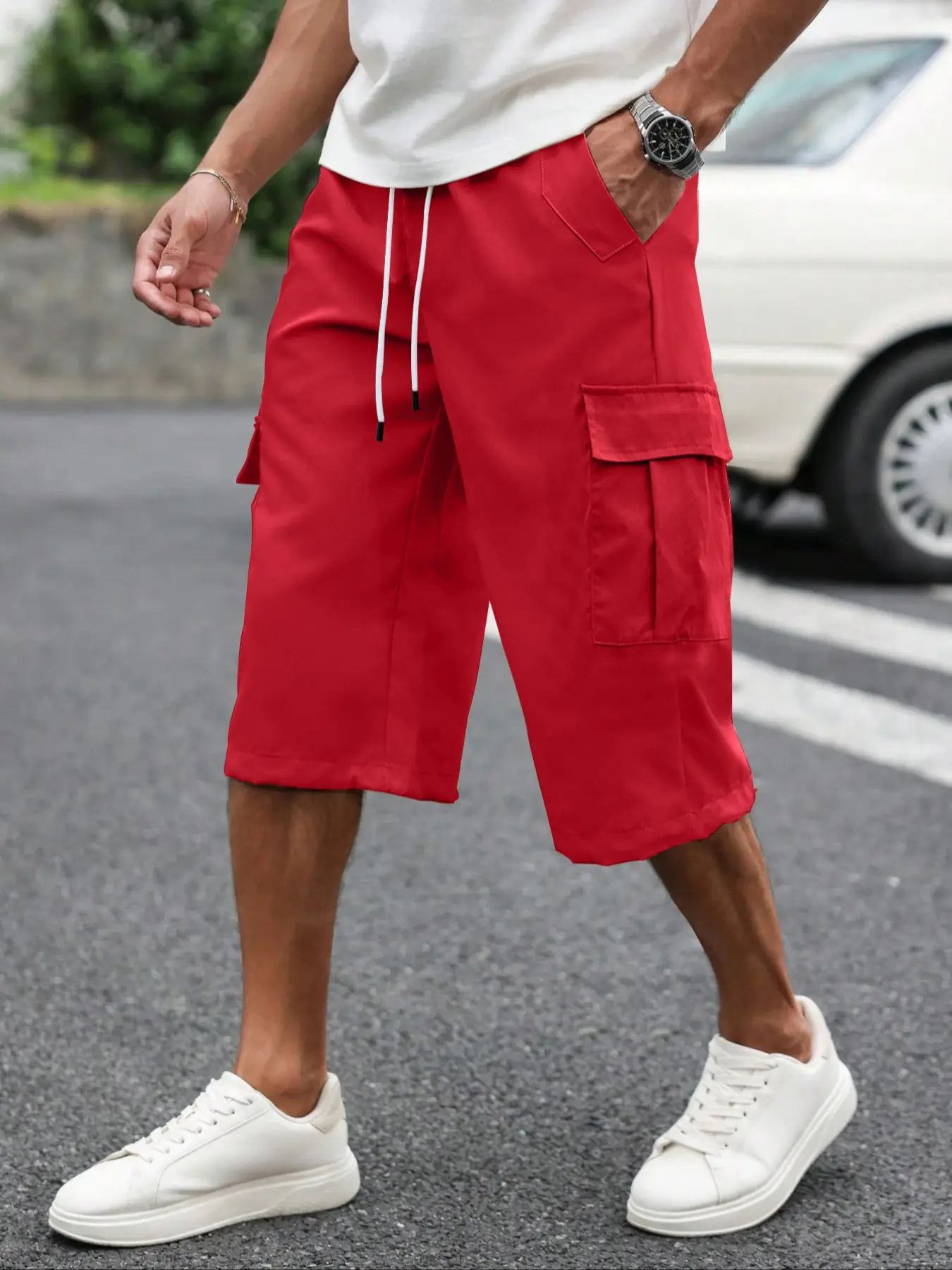 Men's 3/4 Length Work Shorts, Casual Seven-Quarter Pants, Active Casual Pockets, Multiple Pockets Design, Fitted, Comfortable Summer Wear, Suitable for Outdoor Activities and Daily Use, Casual Sport Shorts